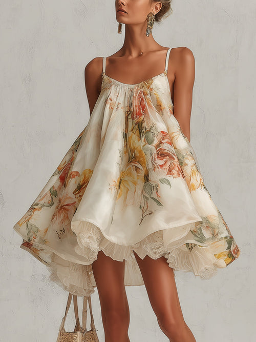 Vestido mini floral de organza beige Abril, vista 1