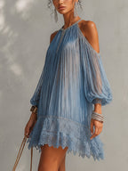 Vestido mini plisado azul con hombros abiertos Elvira, vista 2