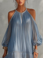 Vestido mini plisado azul con hombros abiertos Elvira, vista 3