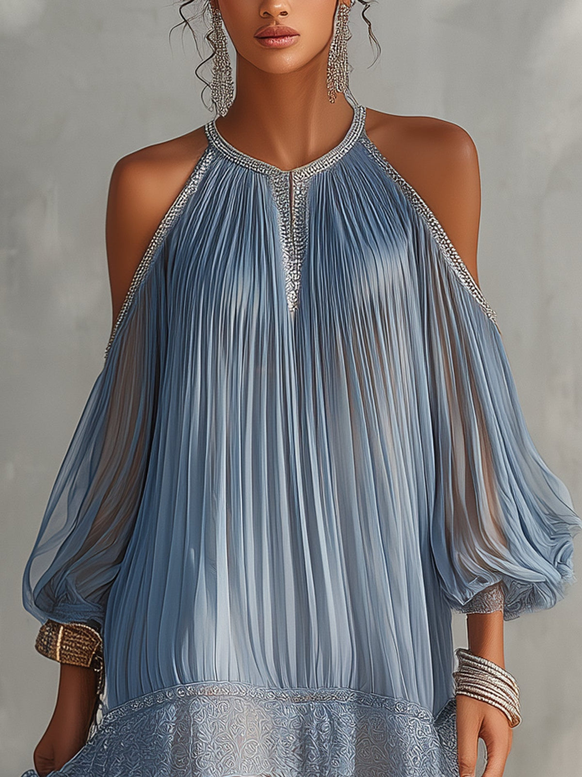 Vestido mini plisado azul con hombros abiertos Elvira, vista 3