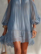 Vestido mini plisado azul con hombros abiertos Elvira, vista 4