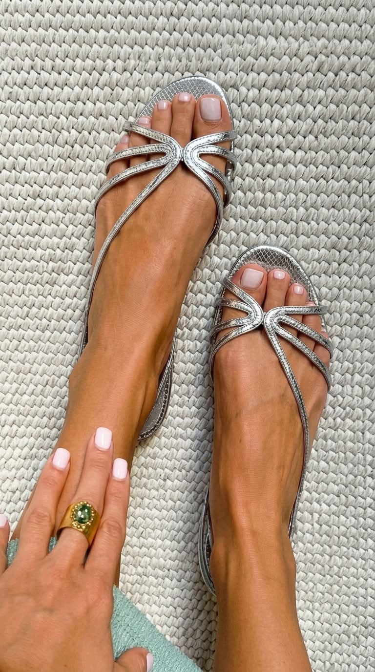 Sandalias doradas de tiras finas de Valentina Montier, detalle del diseño