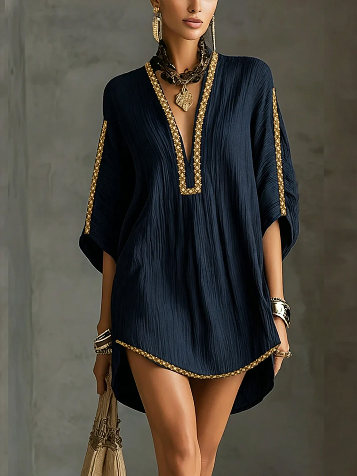 Vestido mini tipo caftán con bordado dorado Inés, vista 2