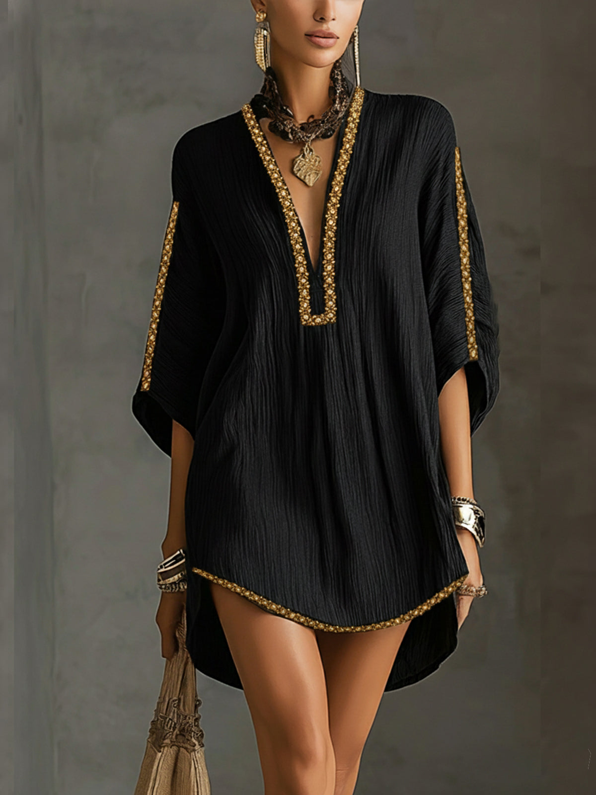 Vestido mini tipo caftán con bordado dorado Inés, vista 1