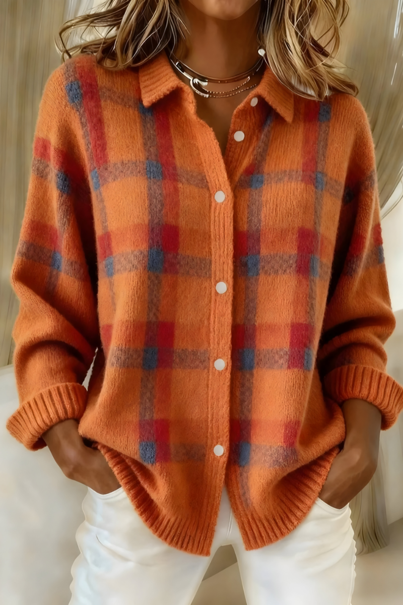 Raquel | Cárdigan de cuadros con cuello camisero, color Naranja, vista del producto, vista principal