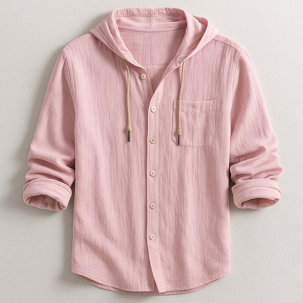 Gael, Camisa abotonada con capucha, color rosa, vista frontal con capucha y bolsillo de pecho