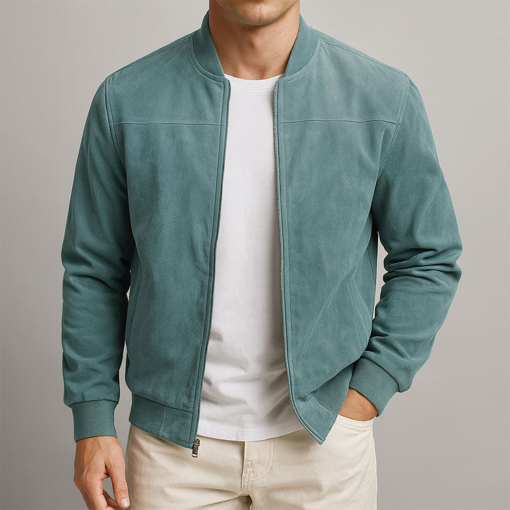 Nicolás | Cazadora bomber de efecto ante, color Azul, vista del producto, vista complementaria