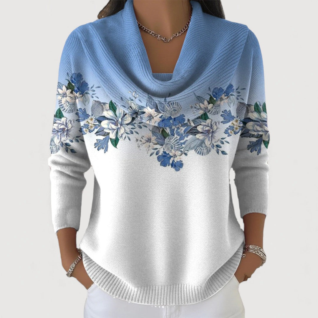 Nuria | Jersey floral de cuello drapeado, color Azul, vista del producto, vista complementaria