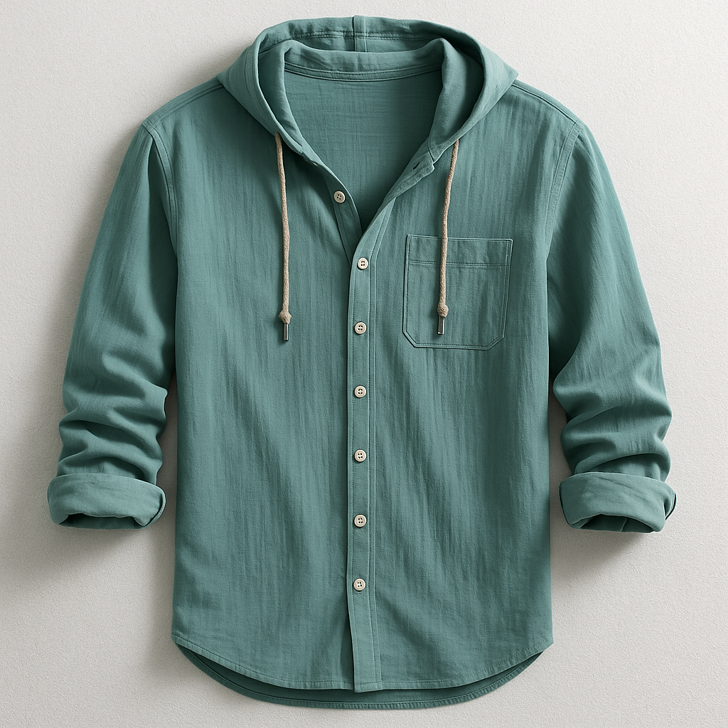 Gael, Camisa abotonada con capucha, color verde, vista frontal con capucha y bolsillo de pecho