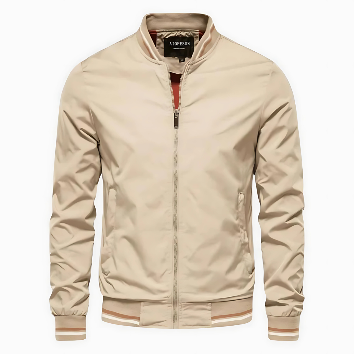 Javier | Cazadora bomber urbana con ribetes, color Beige, vista del producto, detalle del diseño