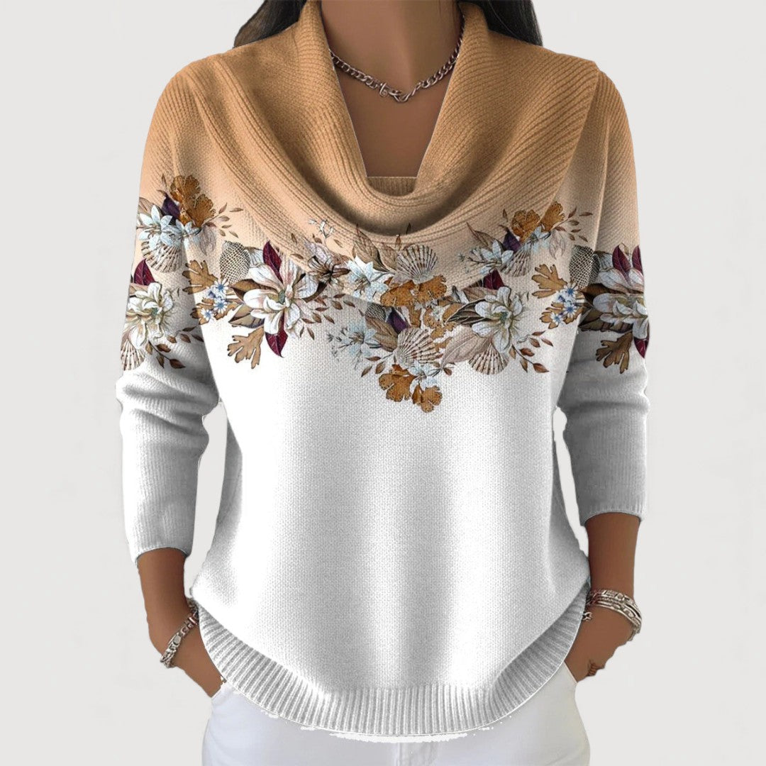 Nuria | Jersey floral de cuello drapeado, color Camel, vista del producto, detalle del diseño