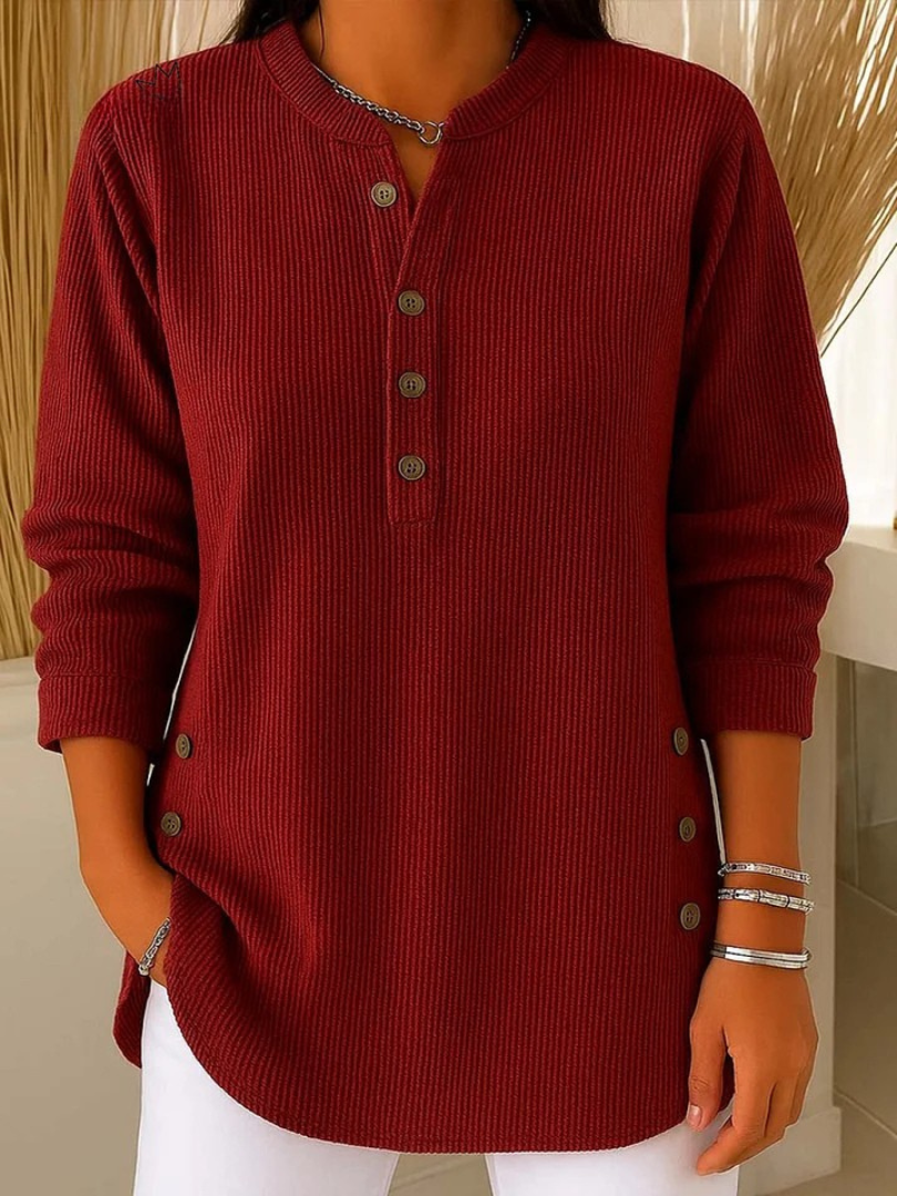 Belén | Jersey túnica Henley con botones laterales, color Burdeos, vista del producto, detalle del diseño