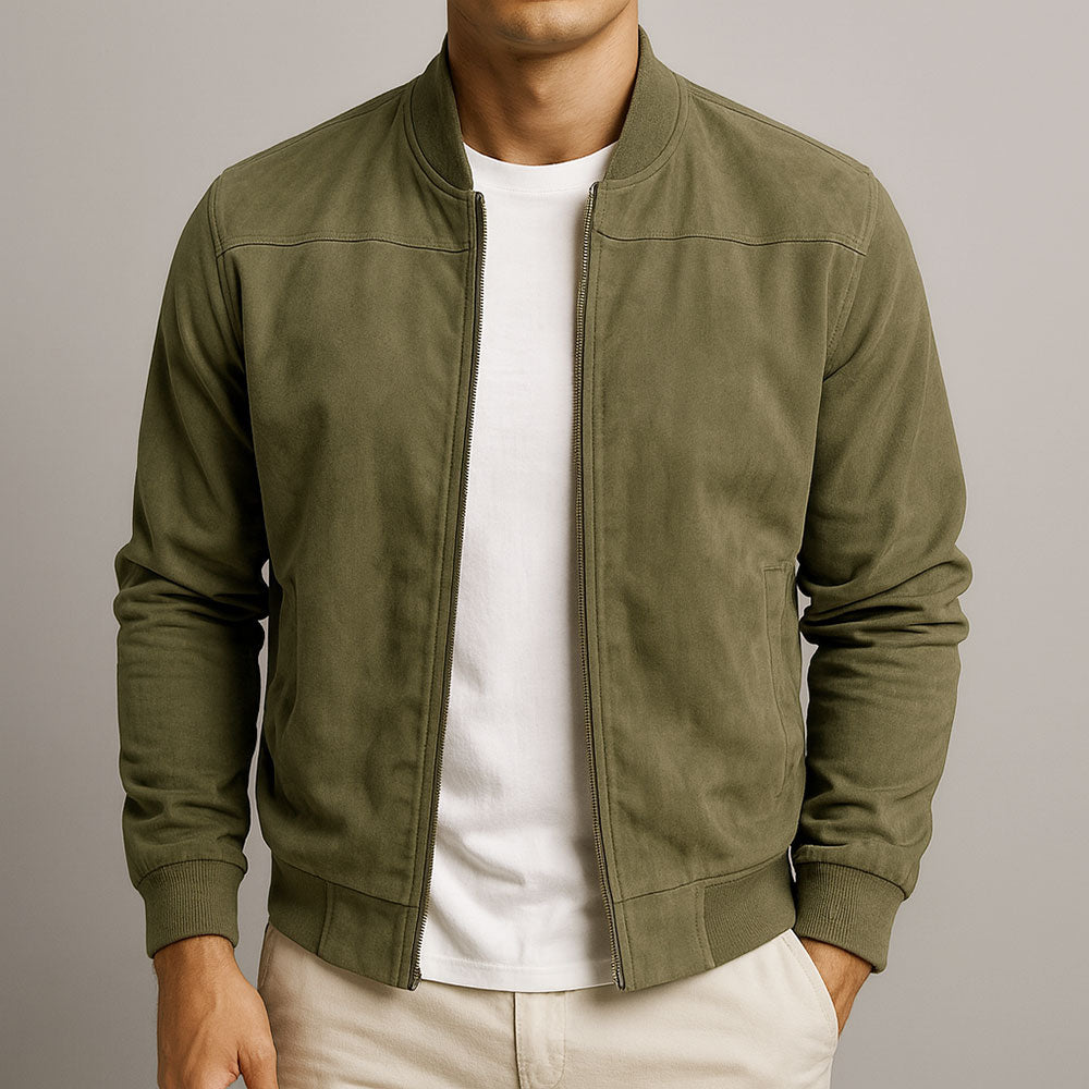 Nicolás | Cazadora bomber de efecto ante, color Verde, vista del producto, detalle del diseño