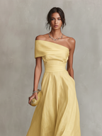Marta | Vestido midi de un hombro, detalle del diseño