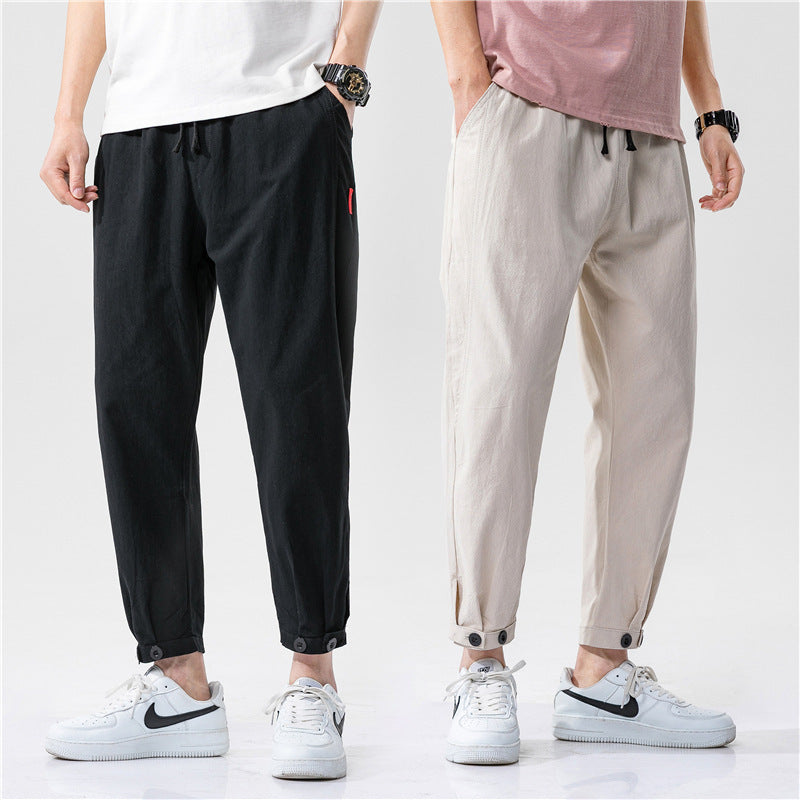 Darío, Pantalón de algodón con bajo ajustable, colores negro y caqui, comparativa frontal