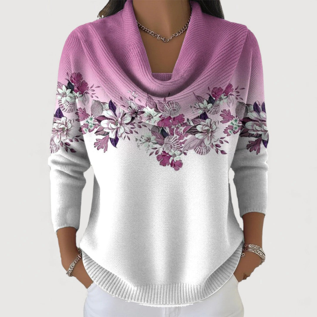 Nuria | Jersey floral de cuello drapeado, color Lila, vista del producto, vista principal