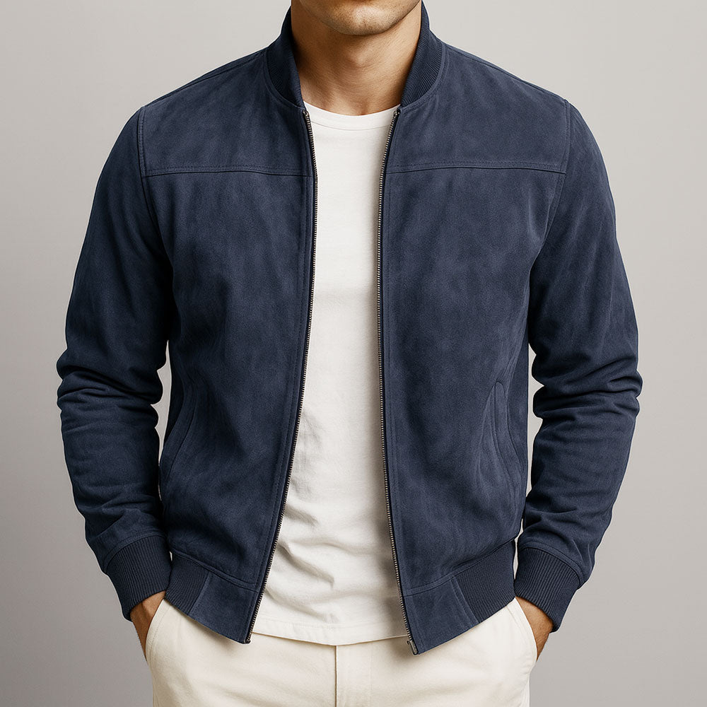Nicolás | Cazadora bomber de efecto ante, color Azul noche, vista del producto, vista alternativa