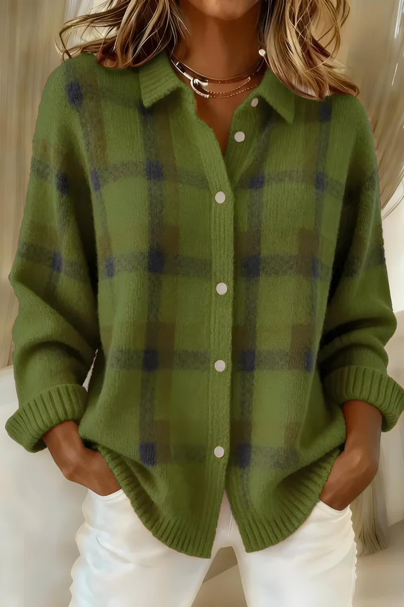 Raquel | Cárdigan de cuadros con cuello camisero, color Verde, vista del producto, detalle del diseño