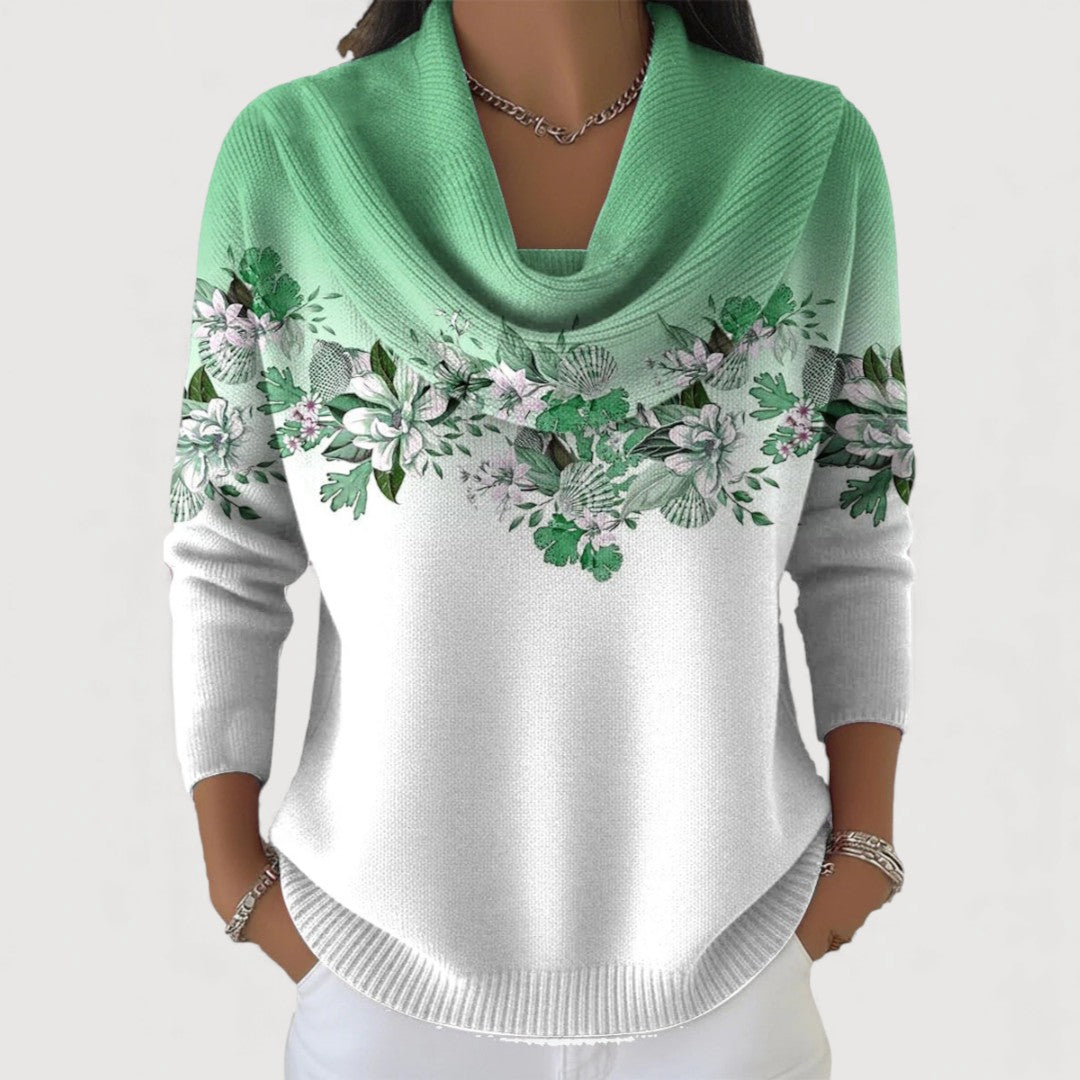 Nuria | Jersey floral de cuello drapeado, color Menta, vista del producto, vista alternativa