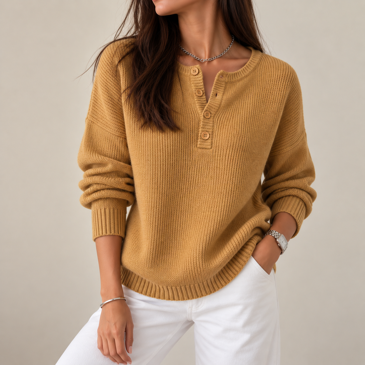 Jersey de punto con escote Henley Elisa, detalle del diseño