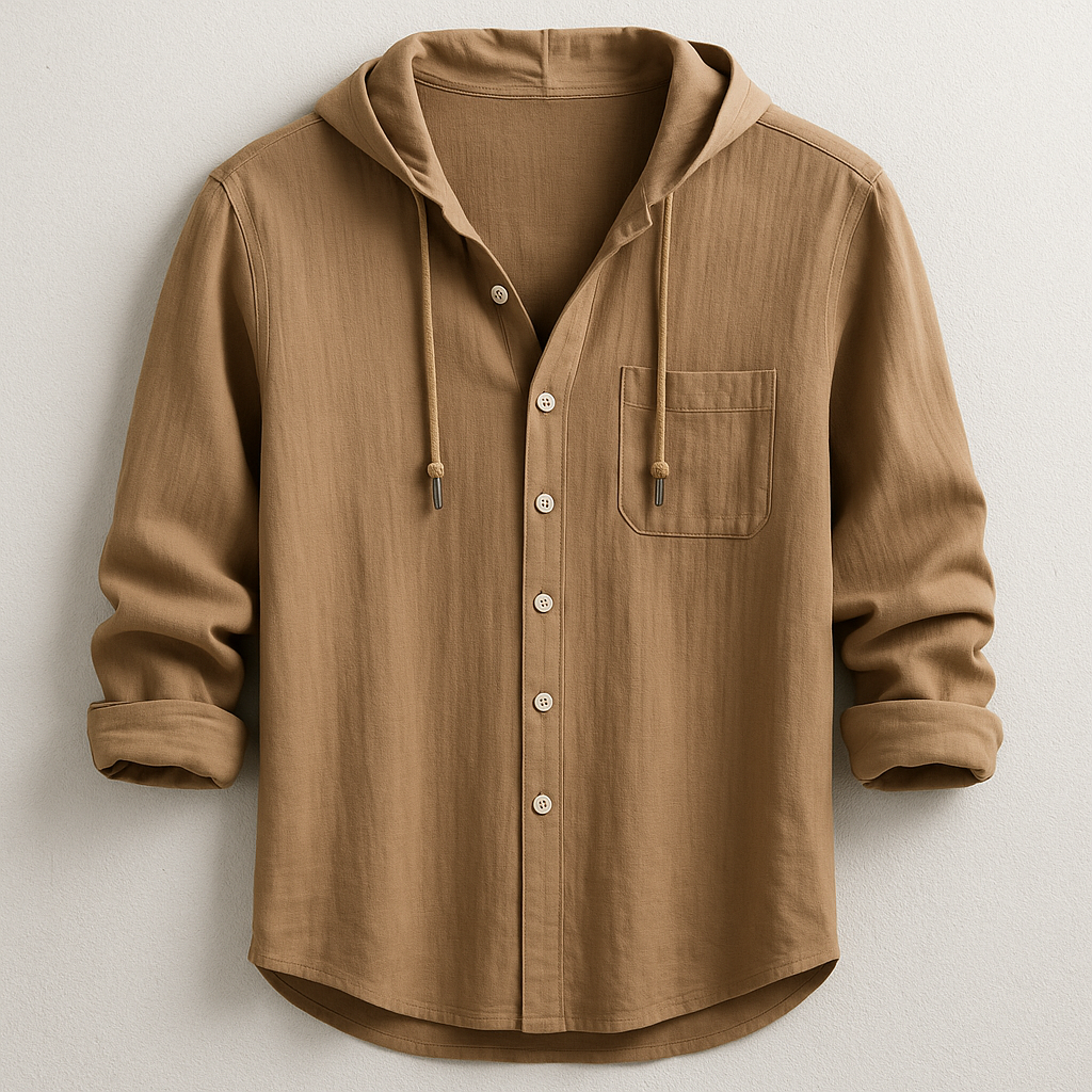 Gael, Camisa abotonada con capucha, color marrón, vista frontal con capucha y bolsillo de pecho