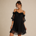 Vestido mini plisado con encaje Celia en negro, vista principal