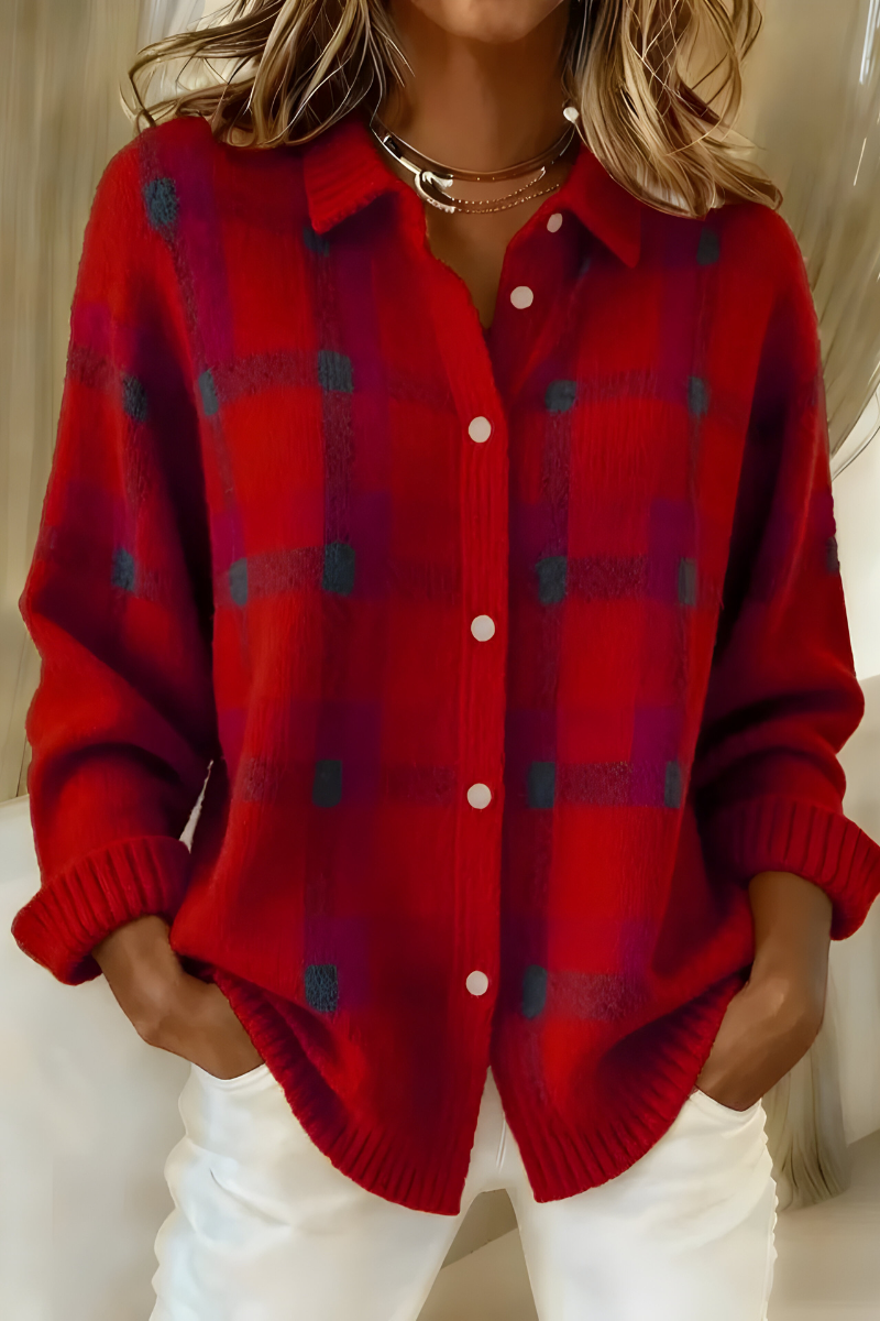 Raquel | Cárdigan de cuadros con cuello camisero, color Rojo, vista del producto, vista complementaria