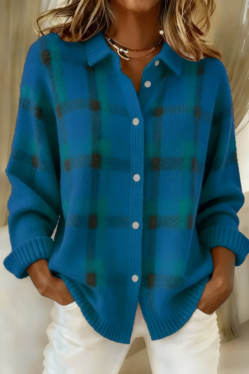 Raquel | Cárdigan de cuadros con cuello camisero, color Azul, vista del producto, vista complementaria