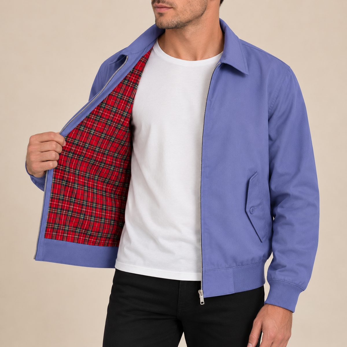 Cazadora Harrington con forro tartán César, detalle del diseño