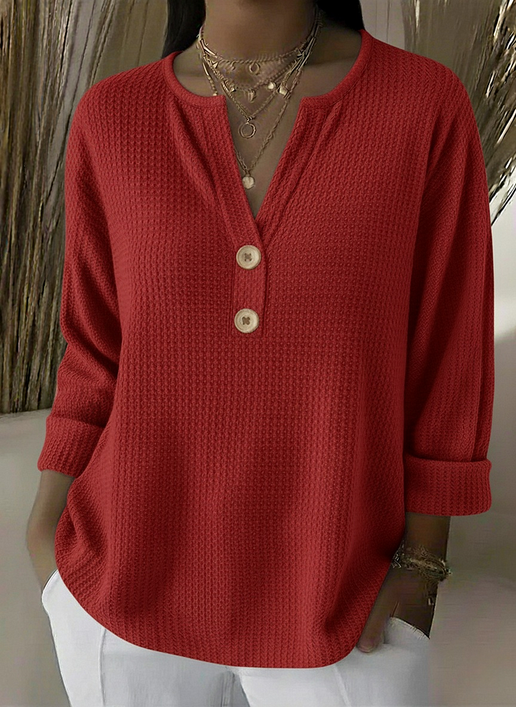 Cristina | Jersey ligero Henley texturizado, color Rojo, vista del producto, detalle del diseño