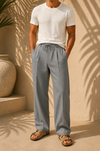 Salvador, Pantalón recto de algodón y lino, color gris, estilismo editorial de cuerpo entero, vista complementaria
