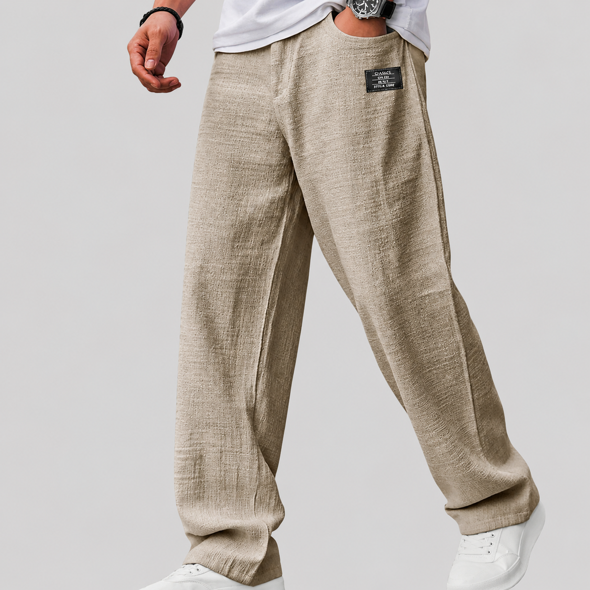 Samuel, Pantalón de lino de pernera ancha, color caqui, vista frontal, vista complementaria