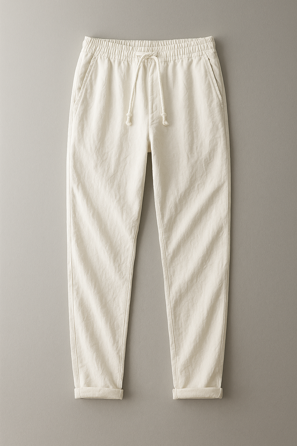 Simón, Pantalón de lino con cintura de cordón, color blanco roto, vista frontal en plano, vista principal