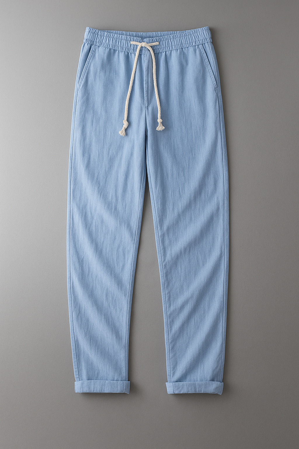 Simón, Pantalón de lino con cintura de cordón, color azul claro, vista frontal en plano, detalle del diseño