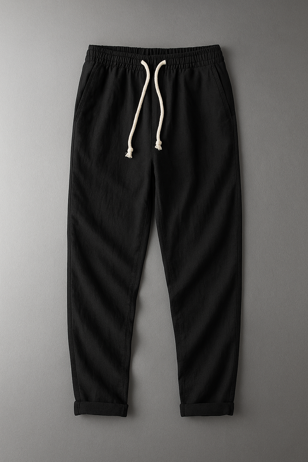 Simón, Pantalón de lino con cintura de cordón, color negro, vista frontal en plano, vista principal