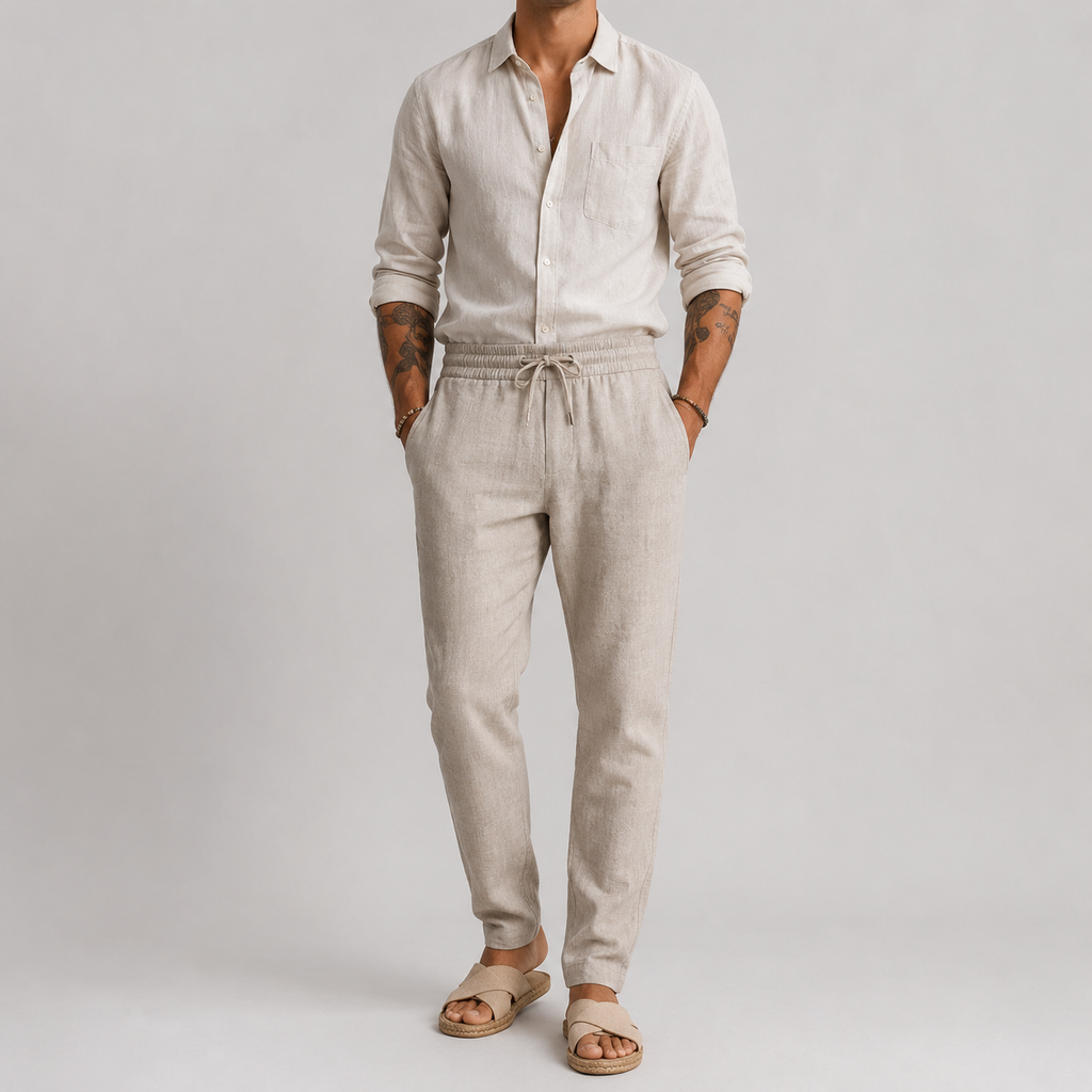 Fermín, Pantalón de lino de corte cónico, color beige, vista de cuerpo entero, vista alternativa