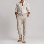 Fermín, Pantalón de lino de corte cónico, color beige, vista de cuerpo entero, vista alternativa
