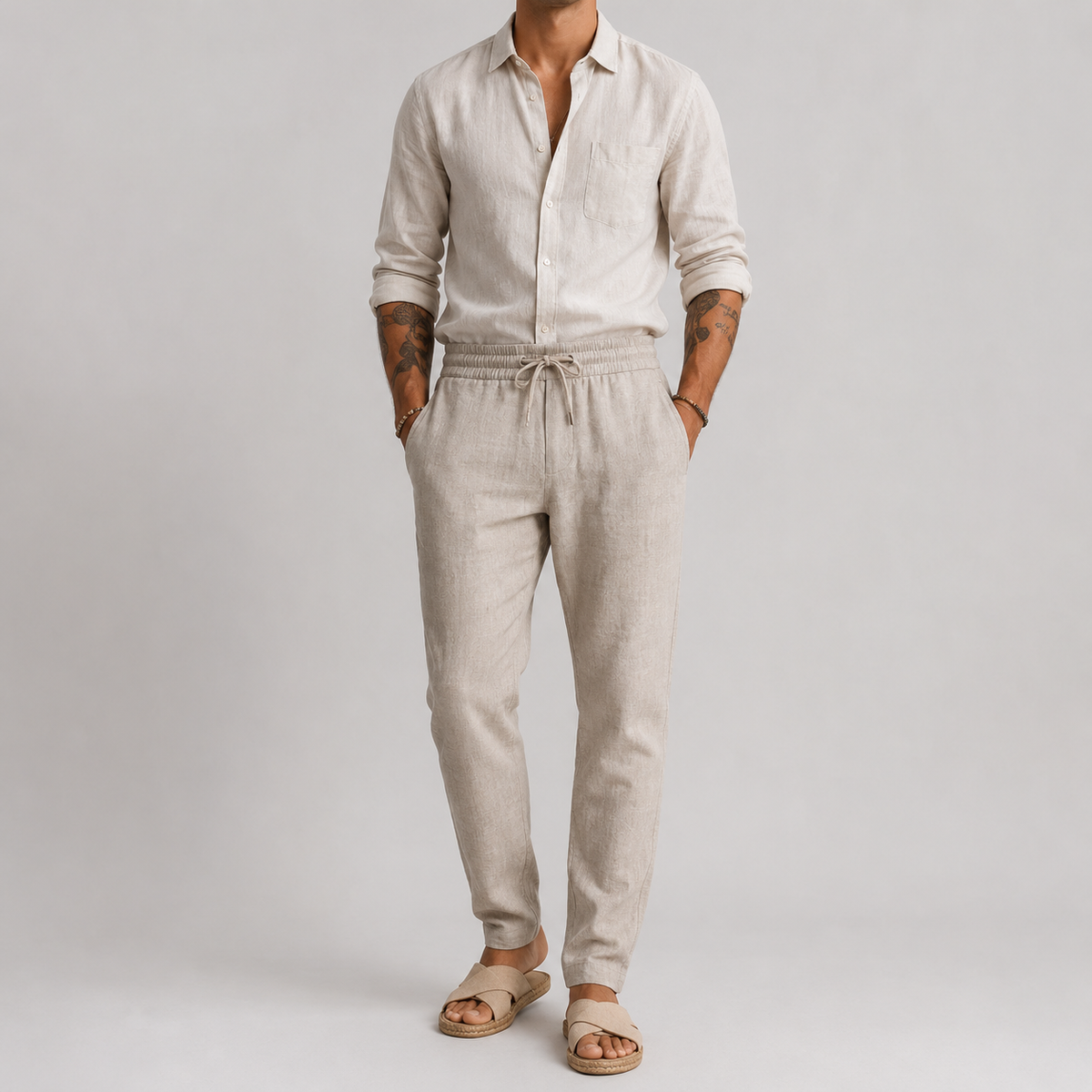 Fermín, Pantalón de lino de corte cónico, color beige, vista de cuerpo entero, vista alternativa