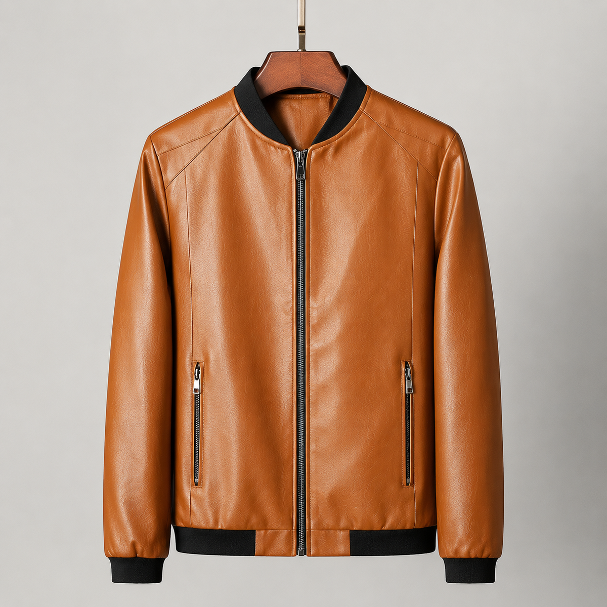 Guillermo | Cazadora bomber de piel lisa, color Marrón, vista del producto, detalle del diseño