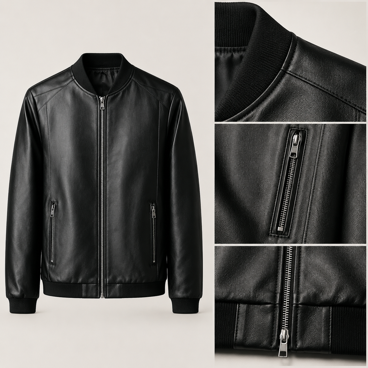 Guillermo | Cazadora bomber de piel lisa, color Negro, vista del producto, vista complementaria