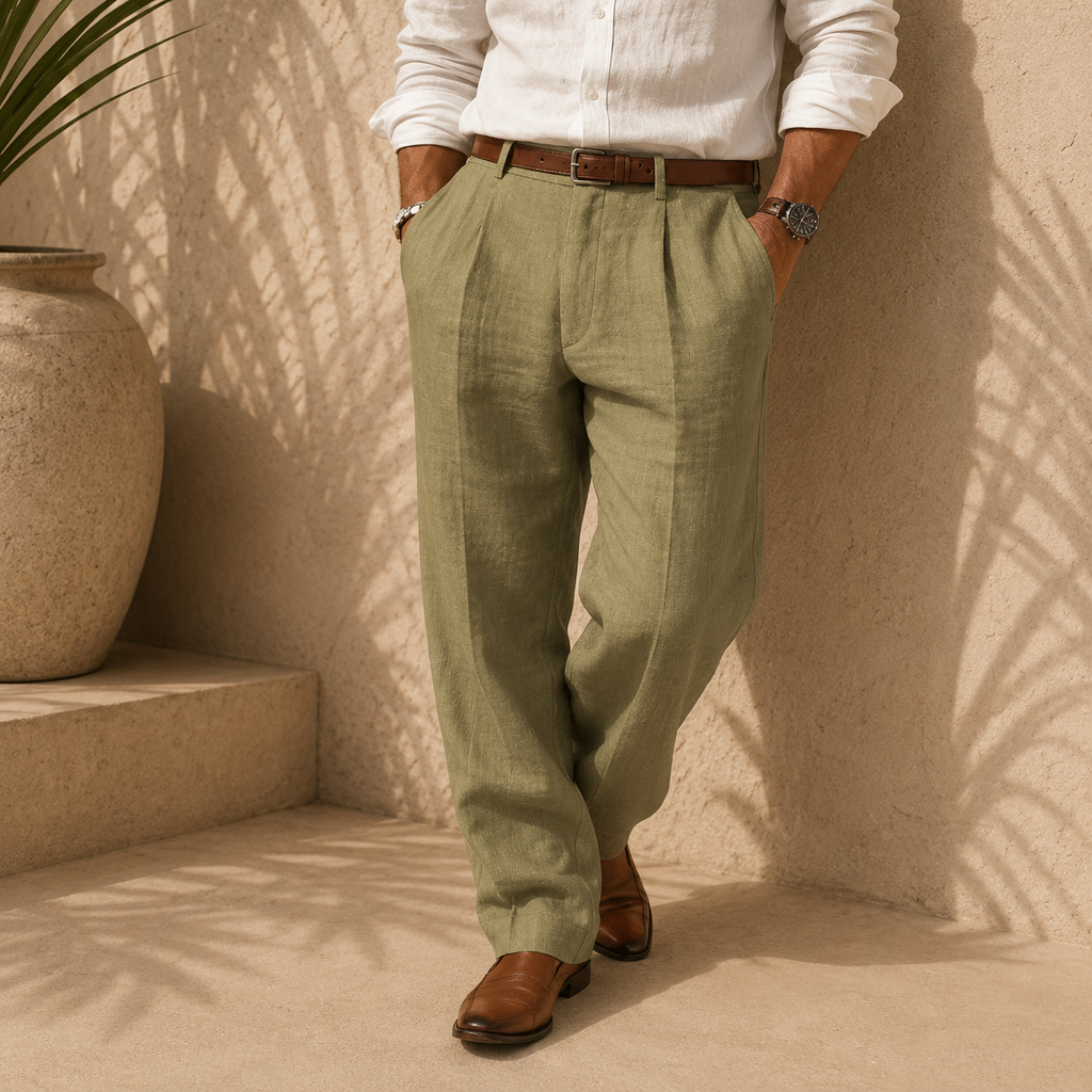 Alonso, Pantalón de lino con pinzas, color verde oliva, estilismo editorial