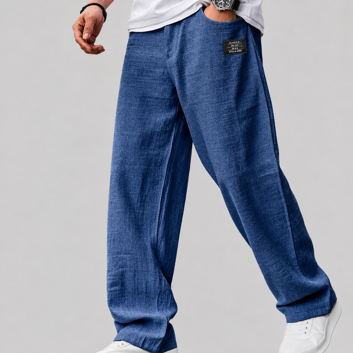 Samuel, Pantalón de lino de pernera ancha, color azul marino, vista frontal, vista complementaria