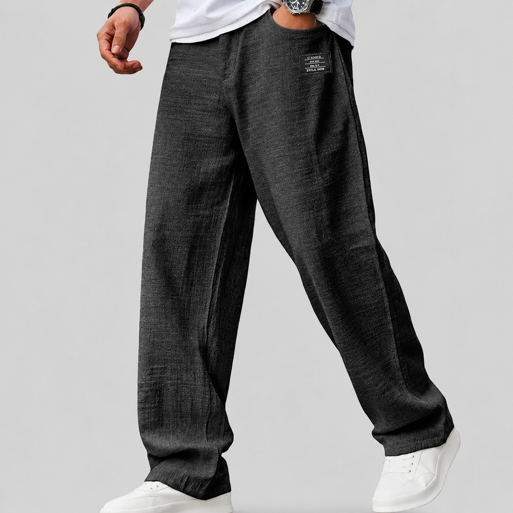 Samuel, Pantalón de lino de pernera ancha, color negro, vista frontal, detalle del diseño