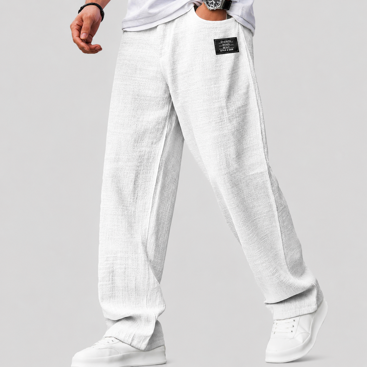 Samuel, Pantalón de lino de pernera ancha, color blanco, vista frontal, vista alternativa