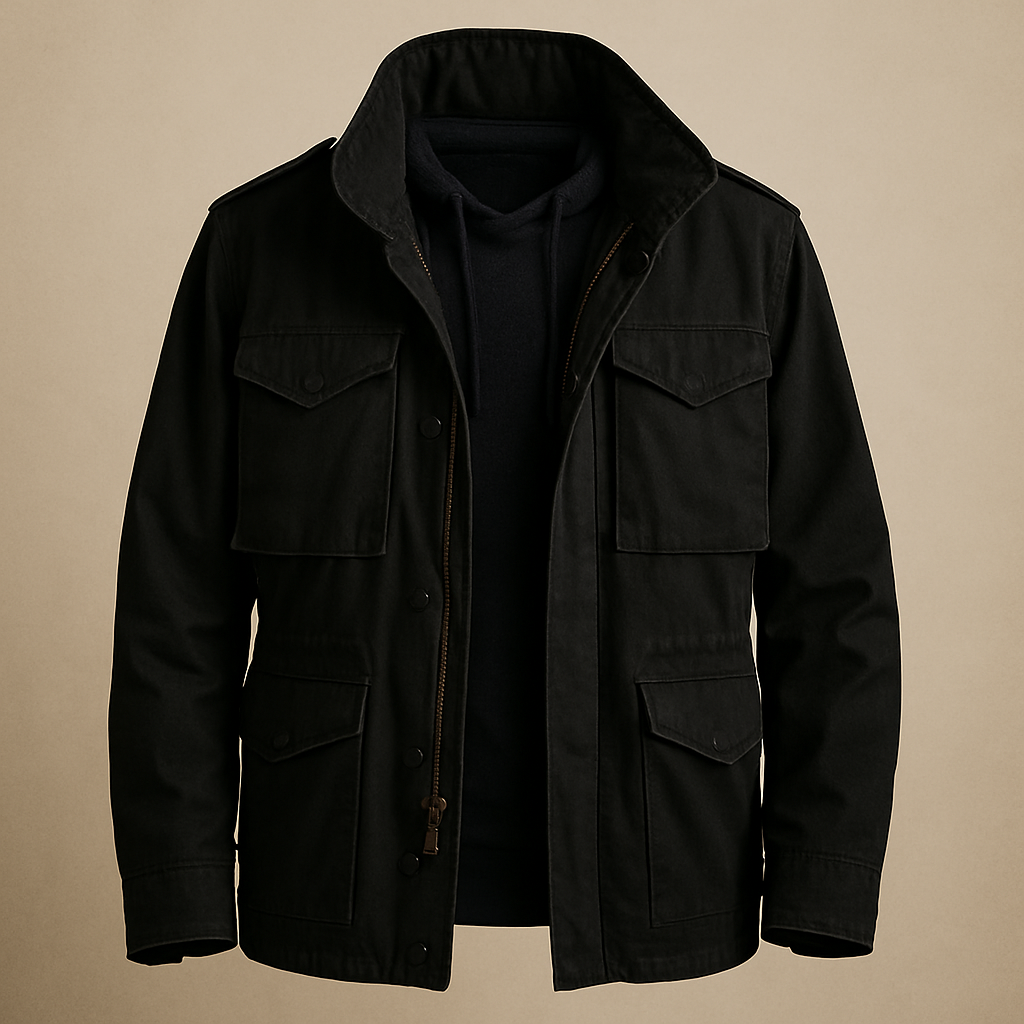 Federico | Cazadora militar M-65 con capucha oculta, color Negro, vista del producto, detalle del diseño