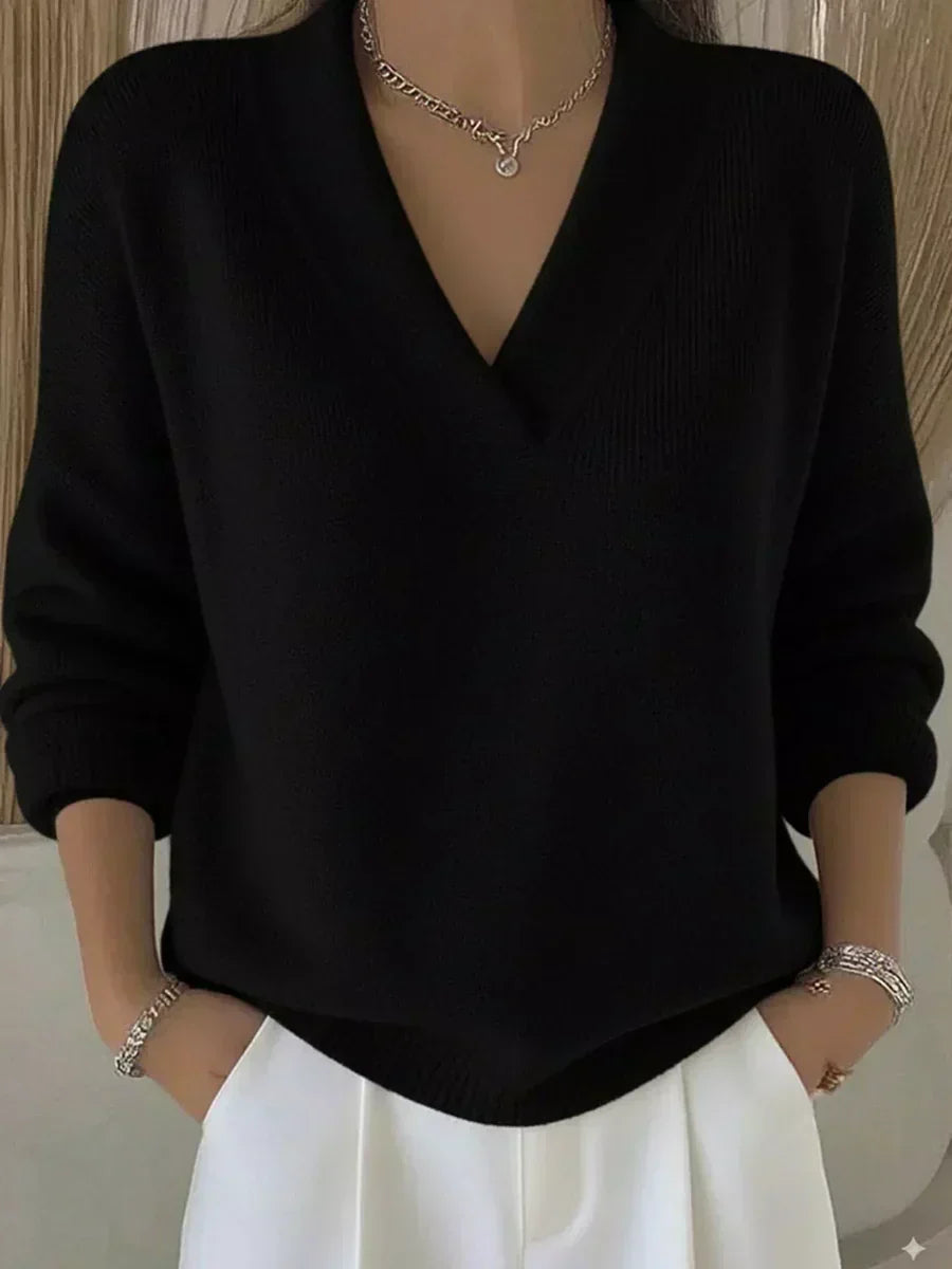 Lourdes | Jersey de cuello en V y corte holgado, color Negro, vista del producto, vista alternativa