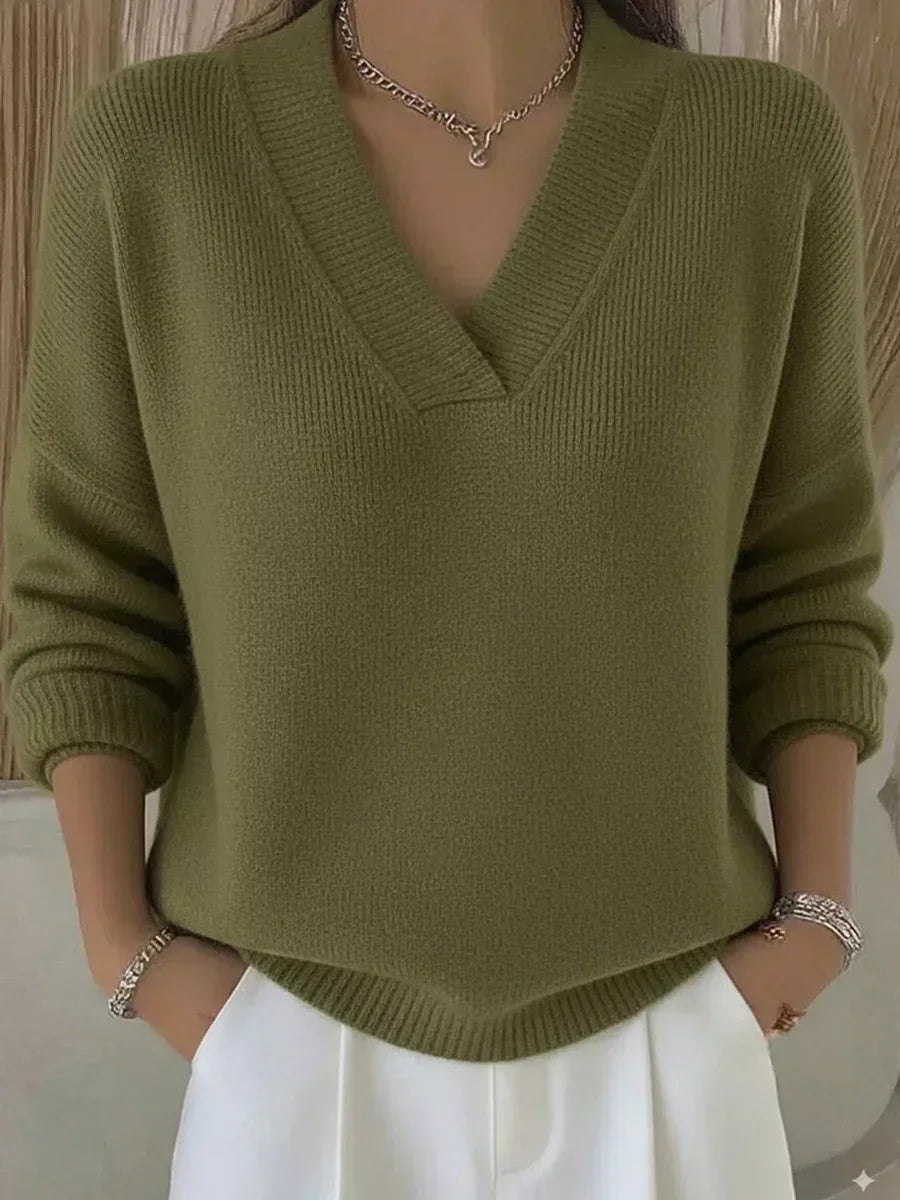 Lourdes | Jersey de cuello en V y corte holgado, color Verde, vista del producto, detalle del diseño