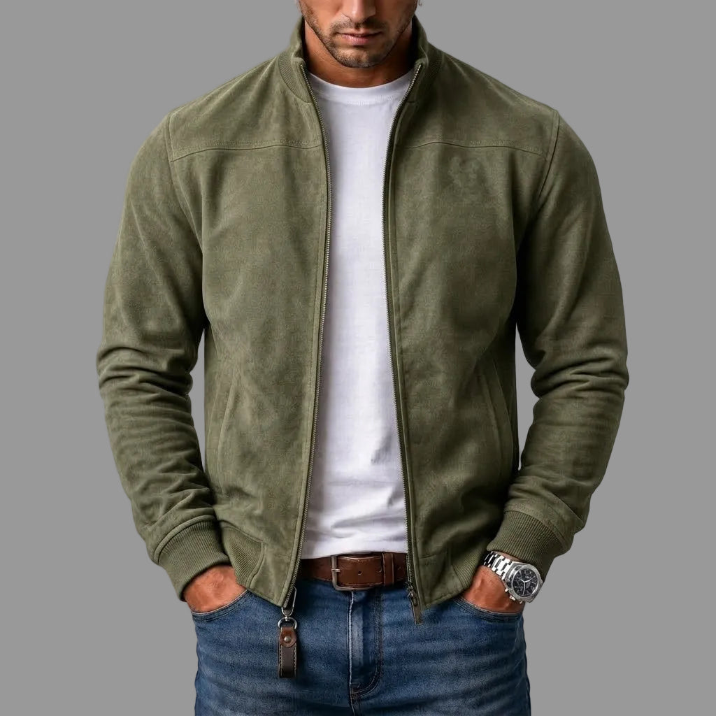 Álvaro | Cazadora bomber de ante sintético verde oliva, vista frontal