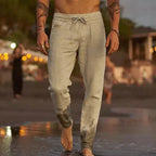 Fermín, Pantalón de lino de corte cónico, color beige, vista frontal, vista principal