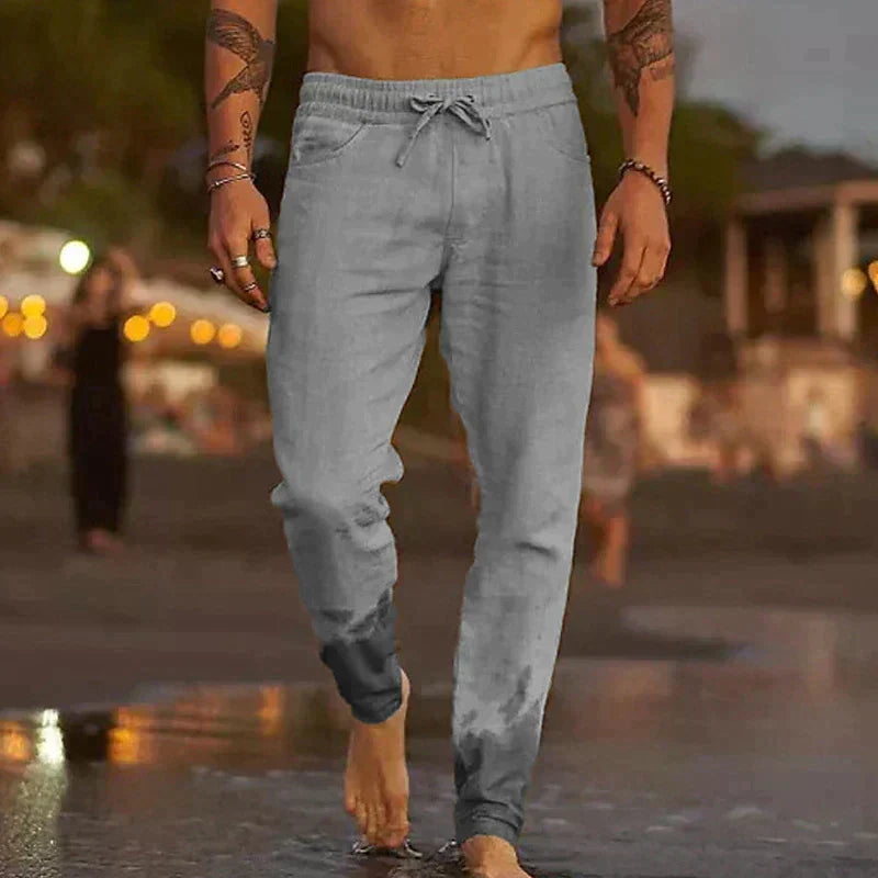 Fermín, Pantalón de lino de corte cónico, color gris, vista frontal, vista complementaria